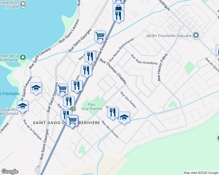 map of restaurants, bars, coffee shops, grocery stores, and more near 1191 Rue De La Calcite in Lévis
