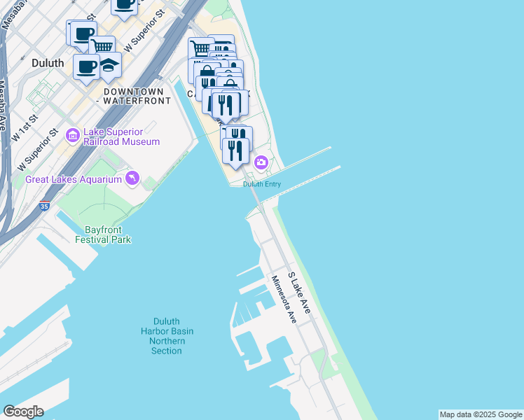 map of restaurants, bars, coffee shops, grocery stores, and more near S Lake Ave & Aerial Lift Bridge in Duluth