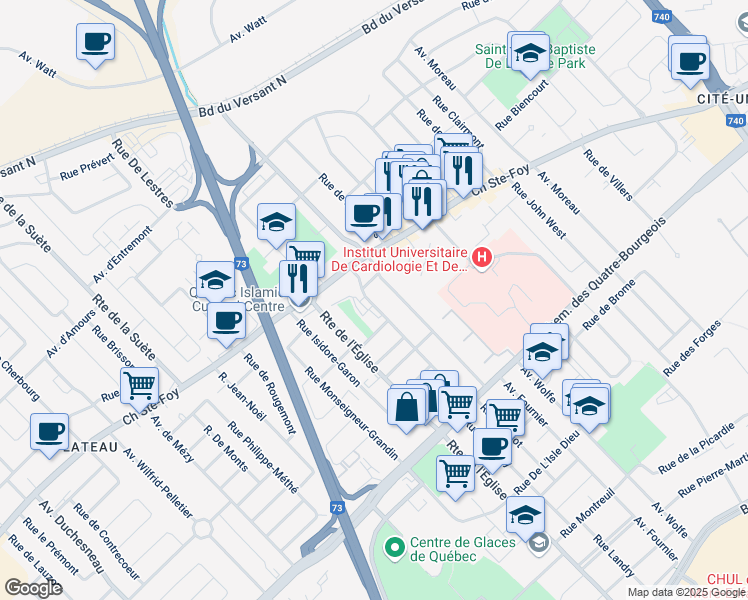 map of restaurants, bars, coffee shops, grocery stores, and more near 821 Rue du Chanoine Martin in Ville de Québec