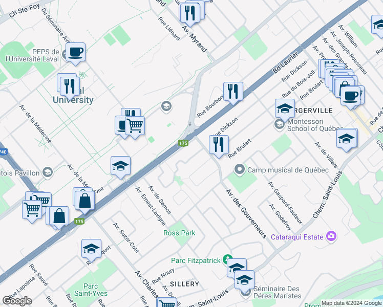 map of restaurants, bars, coffee shops, grocery stores, and more near 2213 Rue du Parc-de Lotbinière in Québec