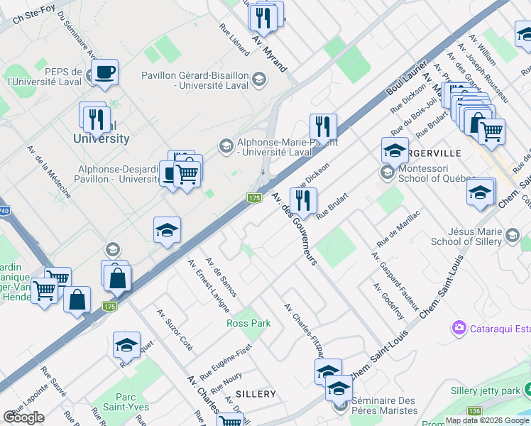 map of restaurants, bars, coffee shops, grocery stores, and more near 2213 Rue du Parc-de Lotbinière in Québec