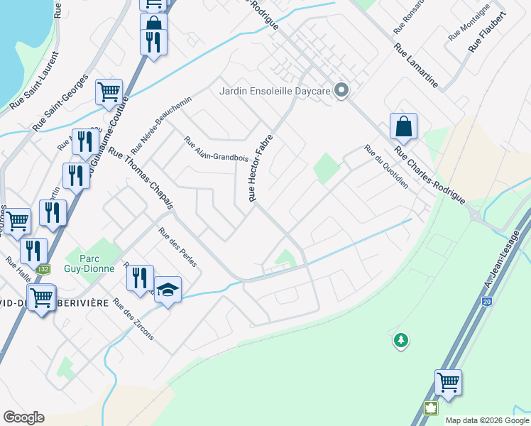 map of restaurants, bars, coffee shops, grocery stores, and more near Rue Hector Fabre in Lévis