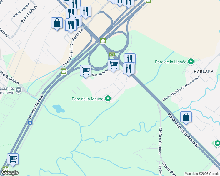 map of restaurants, bars, coffee shops, grocery stores, and more near 5390 Rue de Provence in Lévis