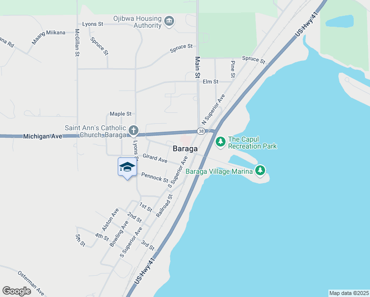 map of restaurants, bars, coffee shops, grocery stores, and more near in Baraga