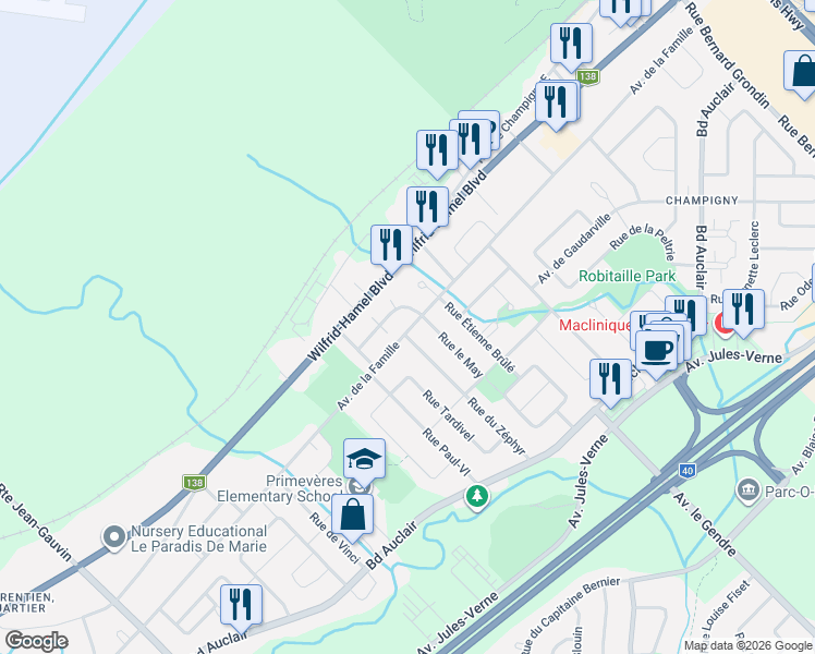 map of restaurants, bars, coffee shops, grocery stores, and more near 1820 Avenue de la Famille in Québec