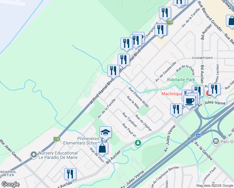 map of restaurants, bars, coffee shops, grocery stores, and more near 1820 Avenue de la Famille in Québec