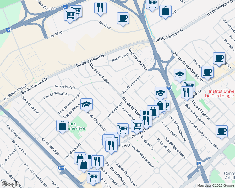 map of restaurants, bars, coffee shops, grocery stores, and more near 714 Route de la Suète in Québec