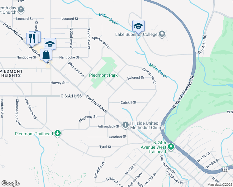 map of restaurants, bars, coffee shops, grocery stores, and more near 2302 Hillcrest Drive in Duluth