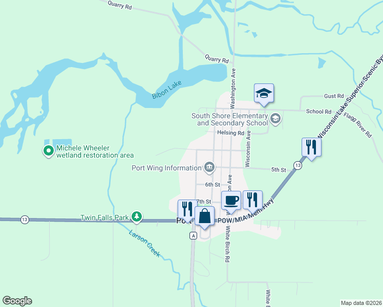map of restaurants, bars, coffee shops, grocery stores, and more near 83245 Pennsylvania Avenue in Port Wing