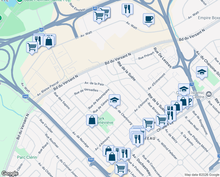 map of restaurants, bars, coffee shops, grocery stores, and more near 3128 Avenue de la Paix in Quebec