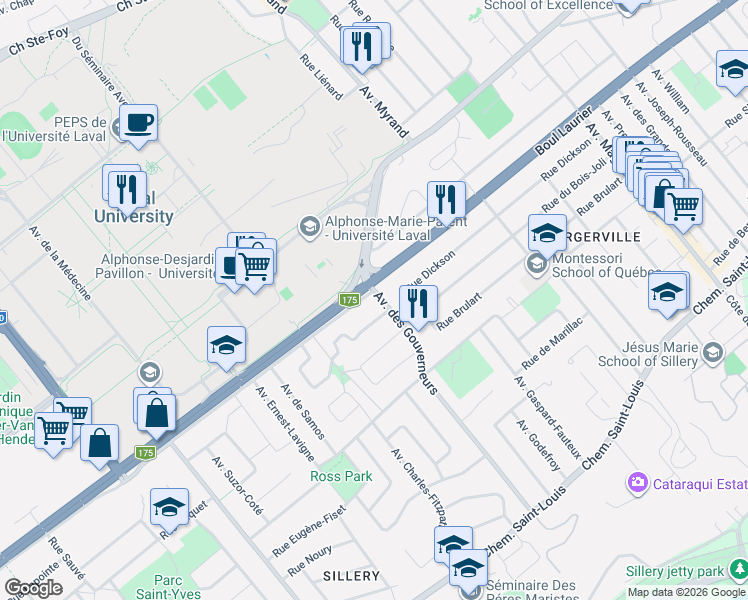 map of restaurants, bars, coffee shops, grocery stores, and more near 1205 Avenue des Gouverneurs in Québec