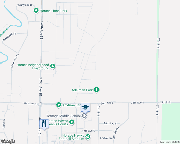 map of restaurants, bars, coffee shops, grocery stores, and more near Alivia Avenue in Horace