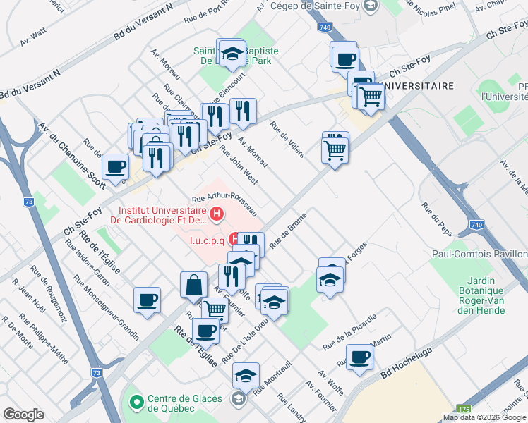 map of restaurants, bars, coffee shops, grocery stores, and more near 2669 Rue Berthier in Québec