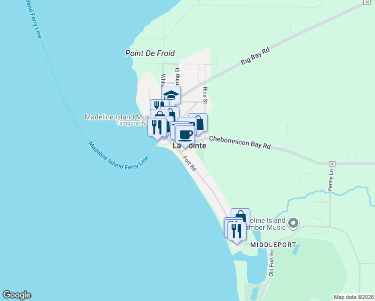 map of restaurants, bars, coffee shops, grocery stores, and more near in La Pointe