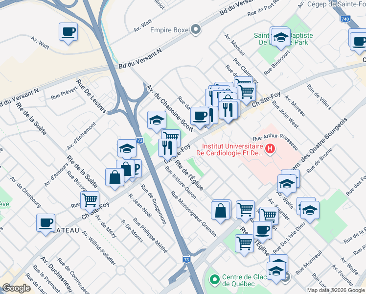map of restaurants, bars, coffee shops, grocery stores, and more near 2830 Chemin Sainte-Foy in Québec