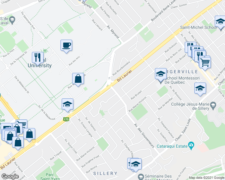 map of restaurants, bars, coffee shops, grocery stores, and more near 1205 Avenue des Gouverneurs in Québec