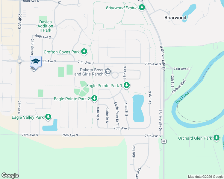map of restaurants, bars, coffee shops, grocery stores, and more near 1531 Walsh Avenue South in Fargo