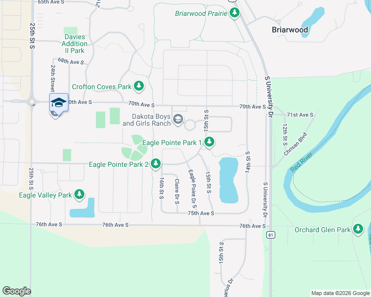 map of restaurants, bars, coffee shops, grocery stores, and more near 1531 Walsh Avenue South in Fargo