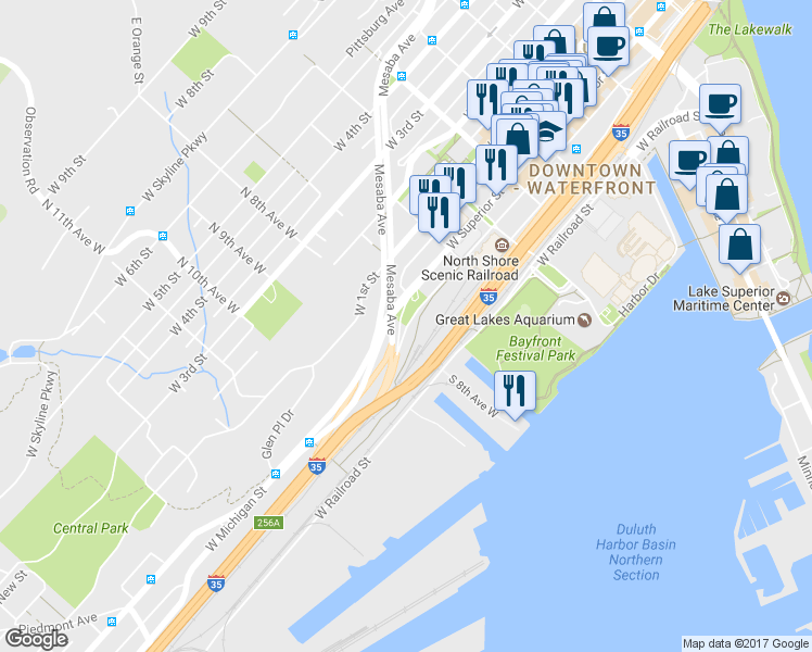 map of restaurants, bars, coffee shops, grocery stores, and more near 899 West Michigan Street in Duluth