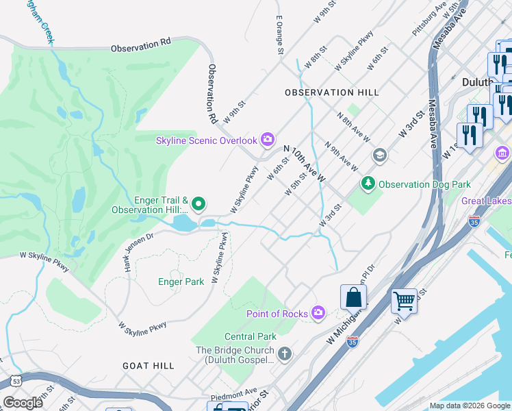 map of restaurants, bars, coffee shops, grocery stores, and more near 523 North 12th Avenue West in Duluth