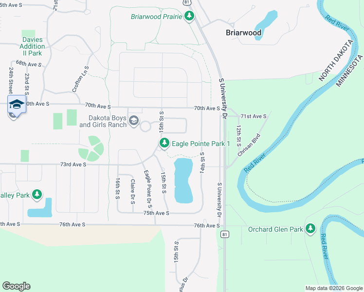 map of restaurants, bars, coffee shops, grocery stores, and more near 1441 Walsh Avenue South in Fargo