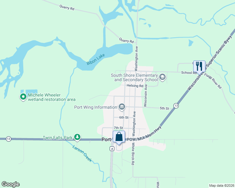 map of restaurants, bars, coffee shops, grocery stores, and more near 83245 Pennsylvania Avenue in Port Wing
