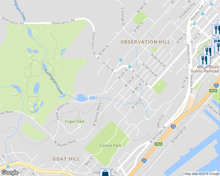 map of restaurants, bars, coffee shops, grocery stores, and more near 1225 West 6th Street in Duluth