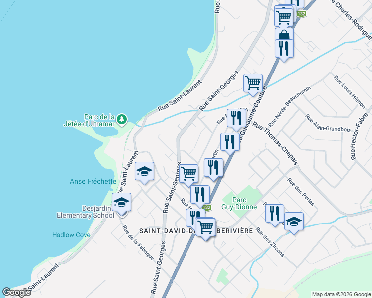 map of restaurants, bars, coffee shops, grocery stores, and more near 3 Rue Jean-Cloutier in Lévis