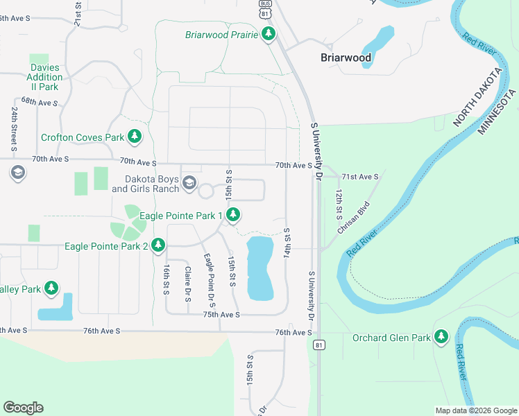map of restaurants, bars, coffee shops, grocery stores, and more near 1441 Walsh Avenue South in Fargo
