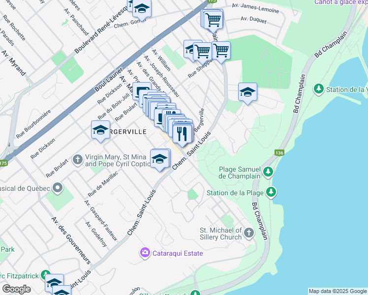 map of restaurants, bars, coffee shops, grocery stores, and more near 1983 Rue de Bergerville in Québec