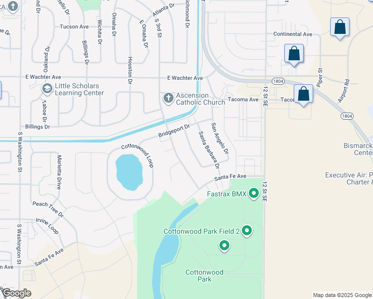 map of restaurants, bars, coffee shops, grocery stores, and more near 712 San Angelo Drive in Bismarck