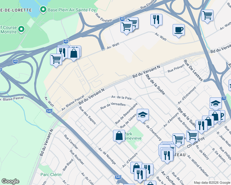 map of restaurants, bars, coffee shops, grocery stores, and more near 595 Rue du Régiment de Berry in Québec