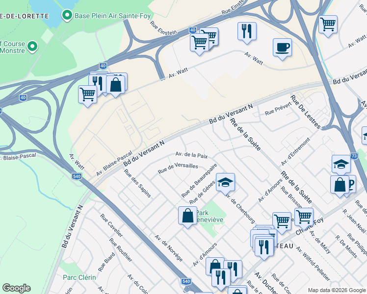 map of restaurants, bars, coffee shops, grocery stores, and more near 595 Rue du Régiment de Berry in Québec