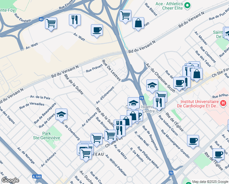 map of restaurants, bars, coffee shops, grocery stores, and more near Rue Flore Duquet in Quebec City