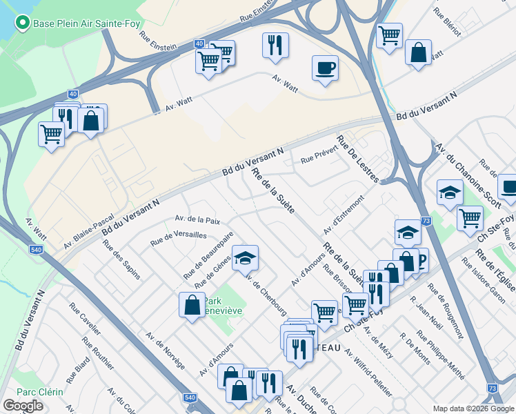 map of restaurants, bars, coffee shops, grocery stores, and more near 3078 Rue du Finistère in Québec