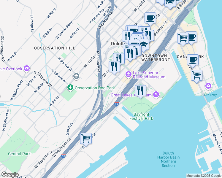 map of restaurants, bars, coffee shops, grocery stores, and more near 600 West Superior Street in Duluth