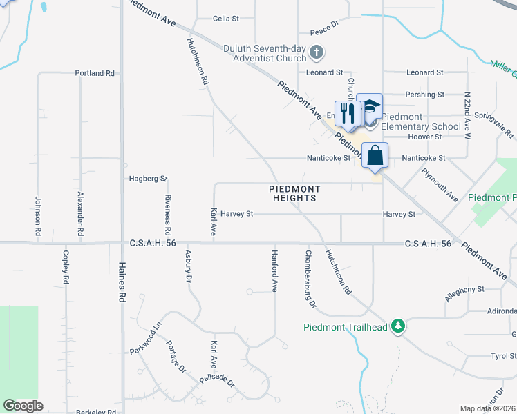map of restaurants, bars, coffee shops, grocery stores, and more near 2802 Hagberg Street in Duluth