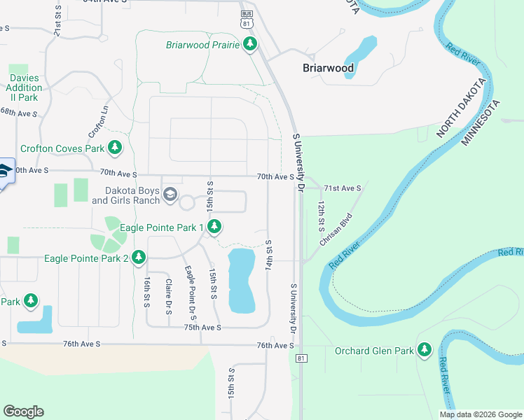 map of restaurants, bars, coffee shops, grocery stores, and more near 7132 14th Street South in Fargo