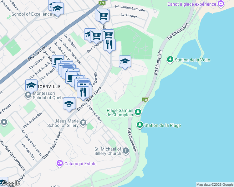 map of restaurants, bars, coffee shops, grocery stores, and more near 1497 Avenue Roger-Lemelin in Québec City