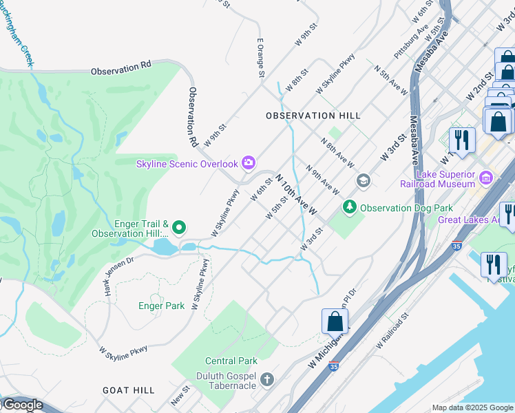 map of restaurants, bars, coffee shops, grocery stores, and more near 523 North 11th Avenue West in Duluth