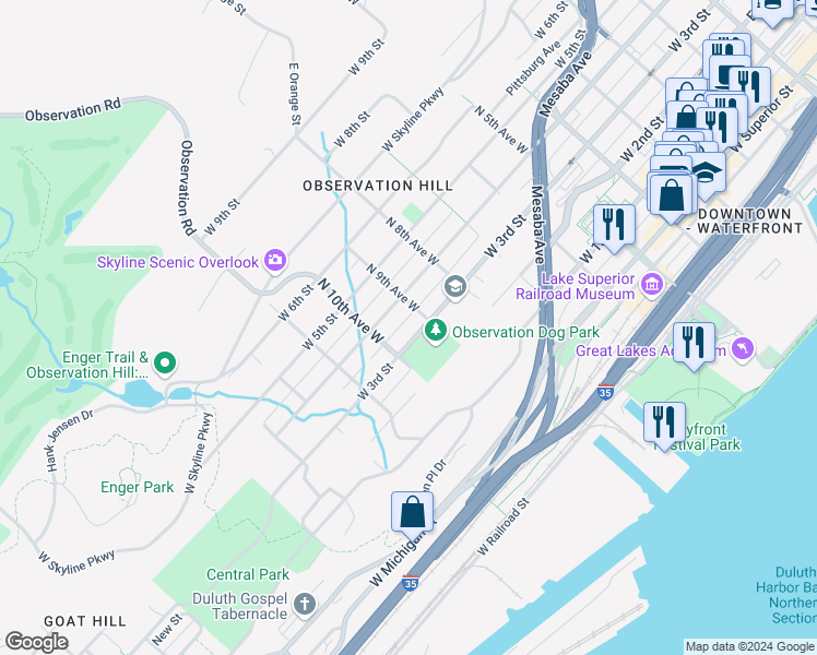 map of restaurants, bars, coffee shops, grocery stores, and more near 309 North 9th Avenue West in Duluth