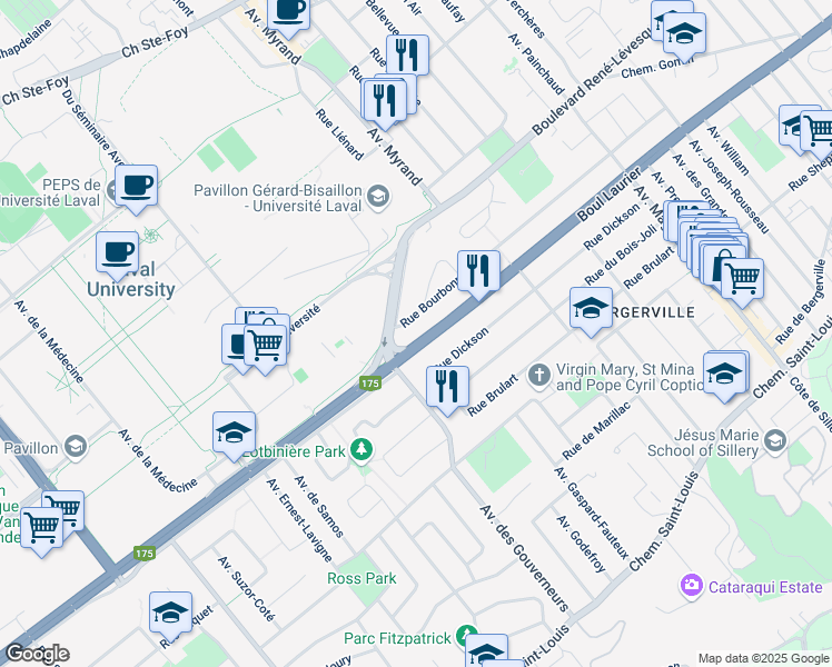 map of restaurants, bars, coffee shops, grocery stores, and more near 2204 Boulevard Laurier in Québec