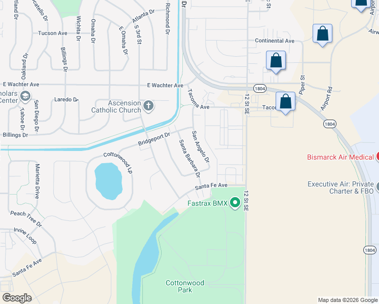 map of restaurants, bars, coffee shops, grocery stores, and more near 2018 Santa Barbara Drive in Bismarck