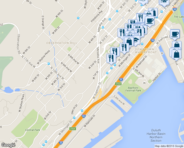 map of restaurants, bars, coffee shops, grocery stores, and more near 727 West 1st Street in Duluth