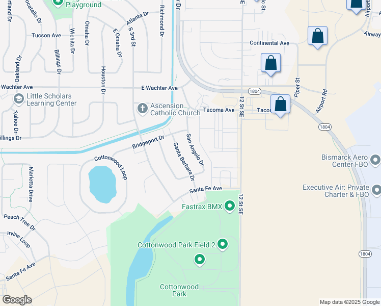map of restaurants, bars, coffee shops, grocery stores, and more near 840 San Angelo Drive in Bismarck