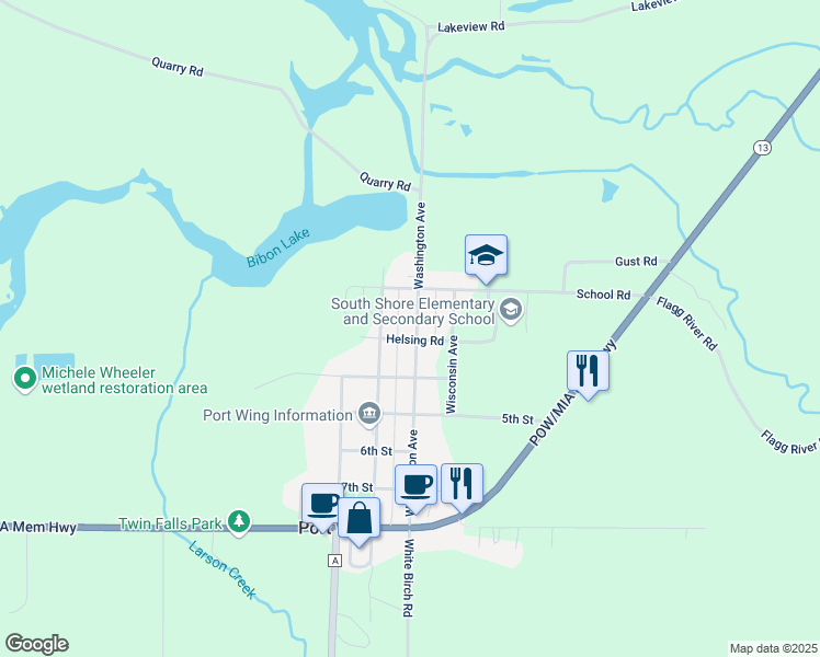 map of restaurants, bars, coffee shops, grocery stores, and more near 83325 Washington Ave in Port Wing