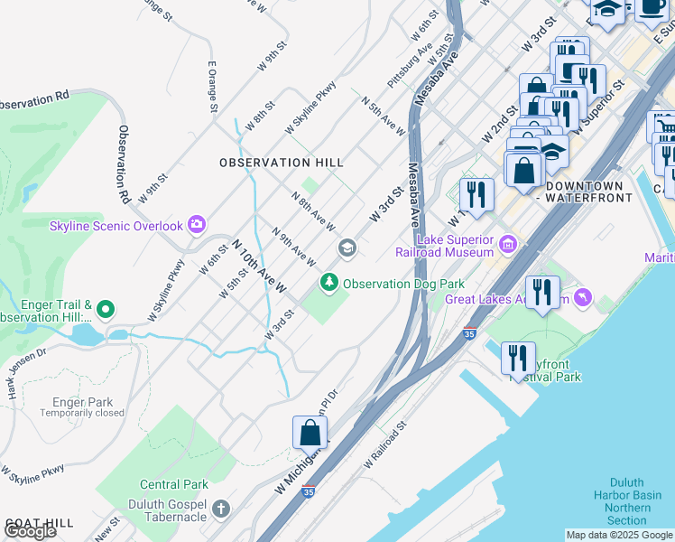 map of restaurants, bars, coffee shops, grocery stores, and more near 826 West 3rd Street in Duluth