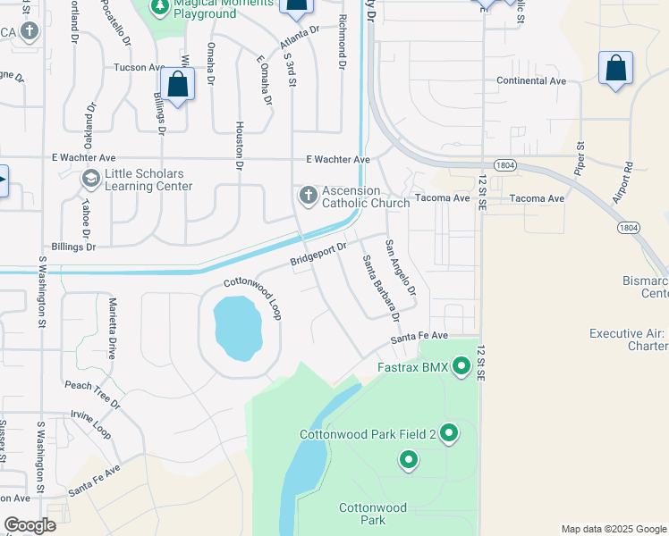 map of restaurants, bars, coffee shops, grocery stores, and more near 712 San Angelo Drive in Bismarck