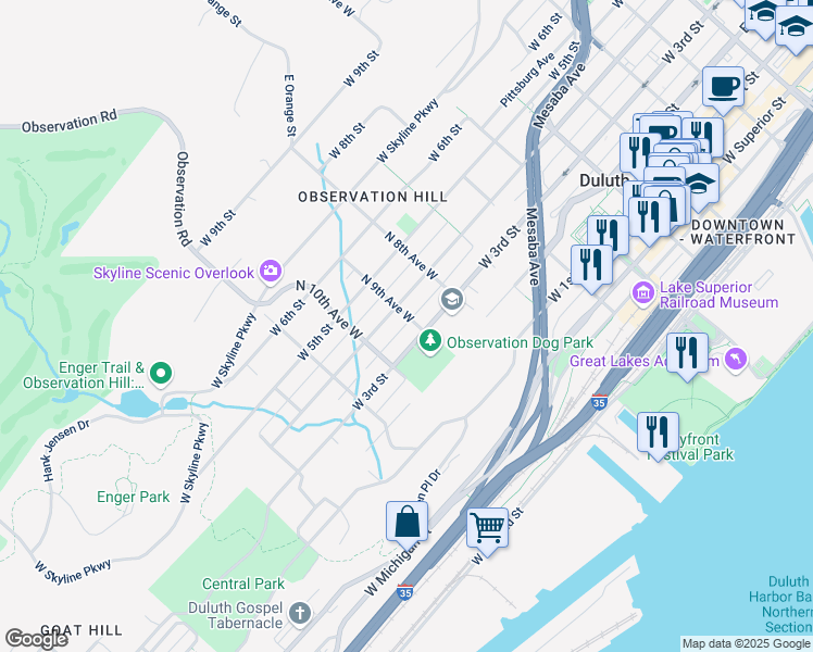 map of restaurants, bars, coffee shops, grocery stores, and more near 309 North 9th Avenue West in Duluth
