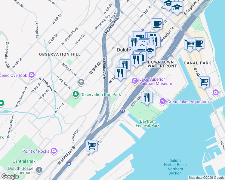 map of restaurants, bars, coffee shops, grocery stores, and more near 701 West Superior Street in Duluth